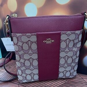 RARE COACH Signature Bordeaux Jacquard Leather Shoulder with Bag, Box & Bag